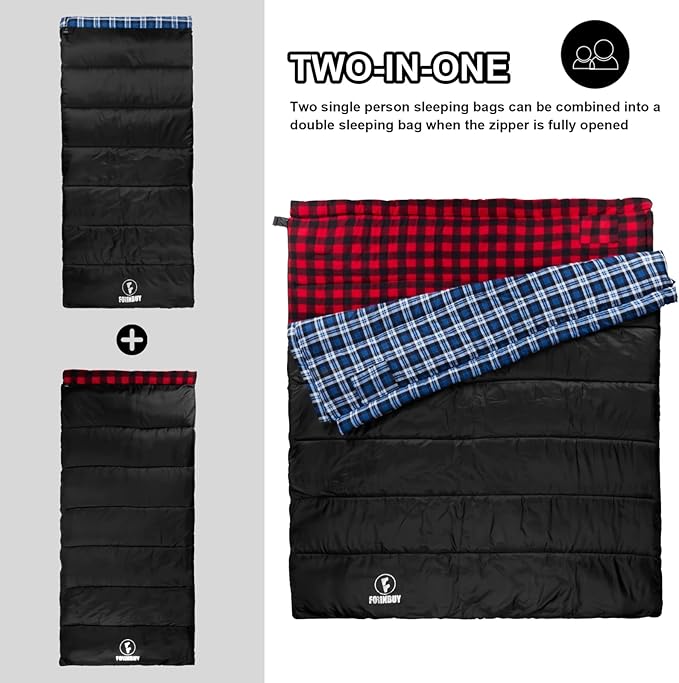 Flannel Sleeping Bag Cold Weather for Adults XL Camping Cotton Sleeping Bag 4 Season Big and Tall, Waterproof with Compression Sack