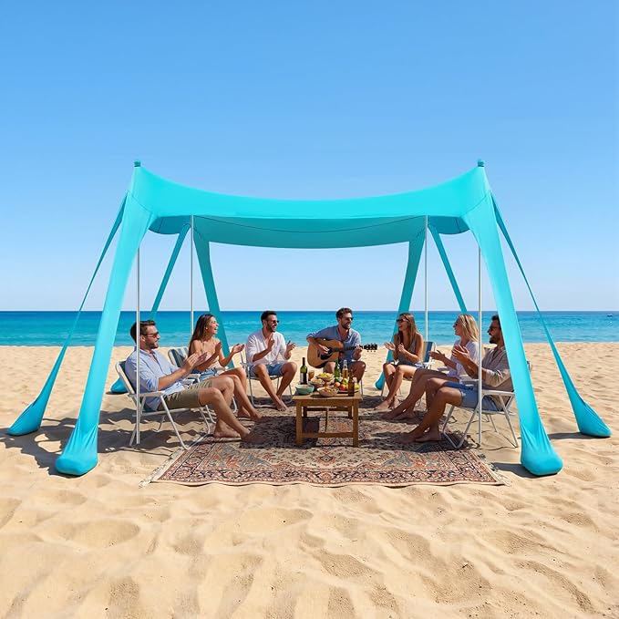 VEVOR Beach Tent Sun Shelter, UPF50+ Sun Protection, 6.6 ft Tall, 10 x 10 ft, Easy Pop Up Beach Canopy with Sandbags, Stability Poles, Sand Shovels, Portable Shade for Family, Camping, Fishing, Green