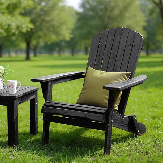 VINGLI Folding Adirondack Chairs Set of 4, Wood Adirondack Chair for Outdoor, Foldable Fire Pit Chairs for Patio, BBQ, Porch, Yard, Pool, Black