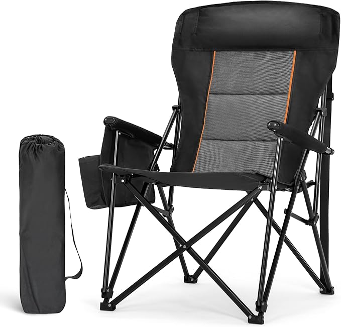LET'S CAMP Oversized Camping Chairs 29.52" High Back Heavy Duty Lawn Chair Support 500LBS, Portable Collapsible Chair with Cup Holder, Side Pocket(Black)