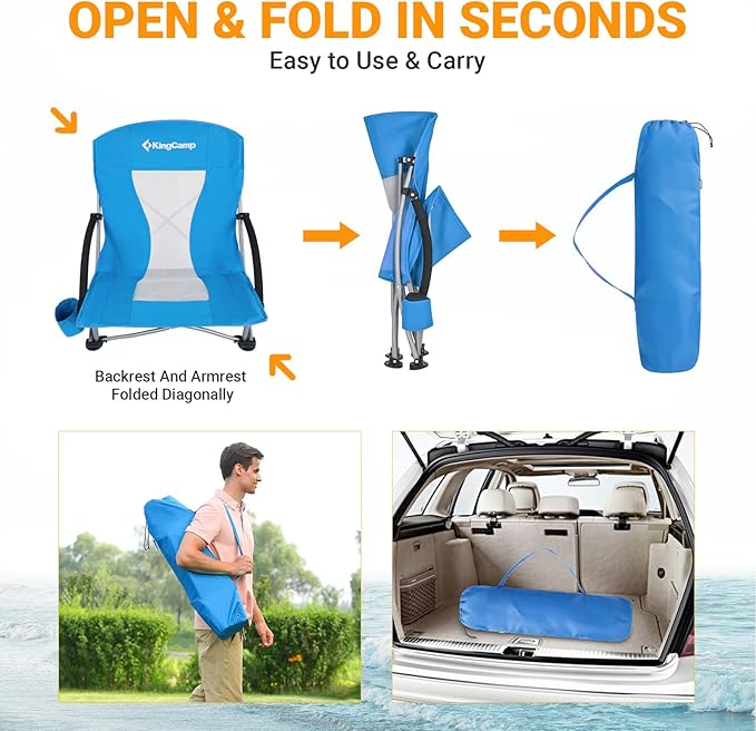 KingCamp Low Beach Chairs, Folding Portable Chair for Adults Lightweight Extra Wide Seat 300lbs Heavy Duty Oversized Backpack, Carry Bag for Camping