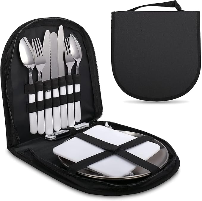 Camping Cutlery Set,Camping Silverware Kit Cutlery Organizer Utensil Picnic Mess Set,Travel Camping Portable Fork Spoons Plate Cutlery Set for Hiking, Picnic and Backpacking, Perfect for 1-2 Person (