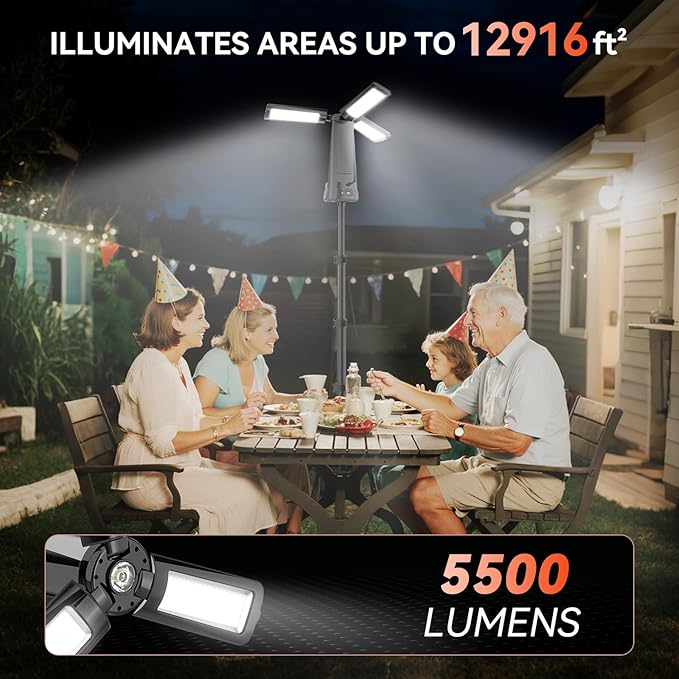 15000 mAh Rechargeable Camping Light with Stand, Cordless Work Light with 3 LED Lamp Heads, 5500 Lumens Dimmable Camping Essentials Gear Emergency Flashlight with 86" Detachable Tripod, Black