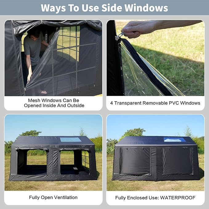 Inflatable Large Tent, Blow Up Tent with Hand Pump Waterproof 4 Season Air Tents Luxury Black Oxford Cabin Glamping House Easy Setup Outdoor Family Hot Tents for Camping 4-8 Person