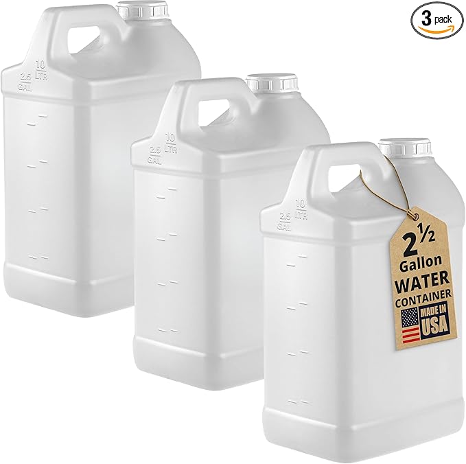 kitchentoolz 3‑Pack 2.5 Gallon Water Container Jugs – HDPE Carboy with Screw Caps & Top Handles – Heavy-Duty Water Storage – Made in USA