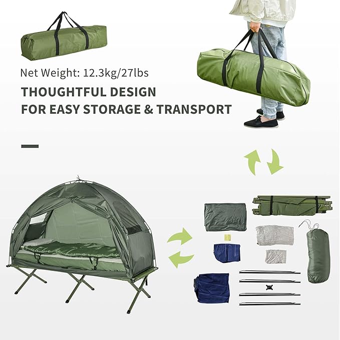 Portable Folding Camping Cot for Adults with Tent - 76" Single Elevated Camp Bed Includes Air Mattress, Sleeping Bag & Foot Pump, Compact & Lightweight for Hiking, Backpacking(76x32)