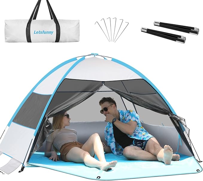 Large 3-4 Person Beach Tent - UPF 50+ Anti-UV, Easy Setup with Extended Floor & Mesh Windows, Portable for Camping Fishing