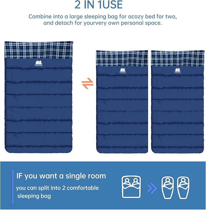 Double Sleeping Bag Cotton Flannel for Camping, Backpacking Or Hiking. Queen Size 2 Person Waterproof Sleeping Bag for Adults Or Teens. Lightweight with Compression Sack