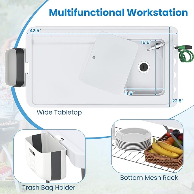 Goplus 42.5'' Folding Fish Cleaning Table with Sink and Spray Nozzle, Portable Camping Sink Table with Faucet, Drainage Hose, Grid Rack, Knife Groove, Outdoor Fish Fillet Cleaning Station for Picnic