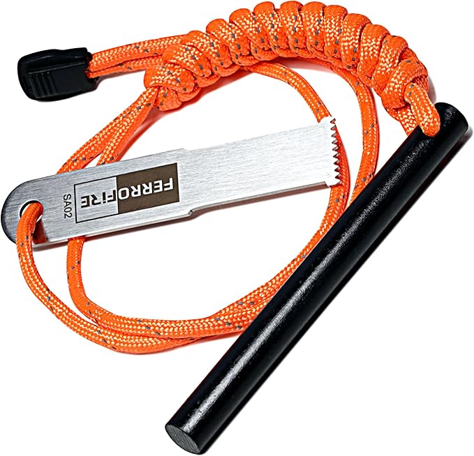FS384 Classic Ferro Rod Fire Starter - 3/8 Inch Thick x 4 Inch Long Magnesium Ferrocerium Rod with Carbon Steel Striker & 550 Paracord Handle for Survival, Camping, Hiking, Emergency Kits