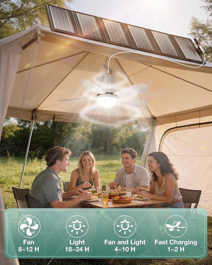 21” Solar Ceiling Fan Light, Battery Operated Camping Fan with Remote Contorl & 30W Portable Foldable Solar Panel, Rechargeable Gazebo Fan Light Outside for Tent Canopy Pergola Travel