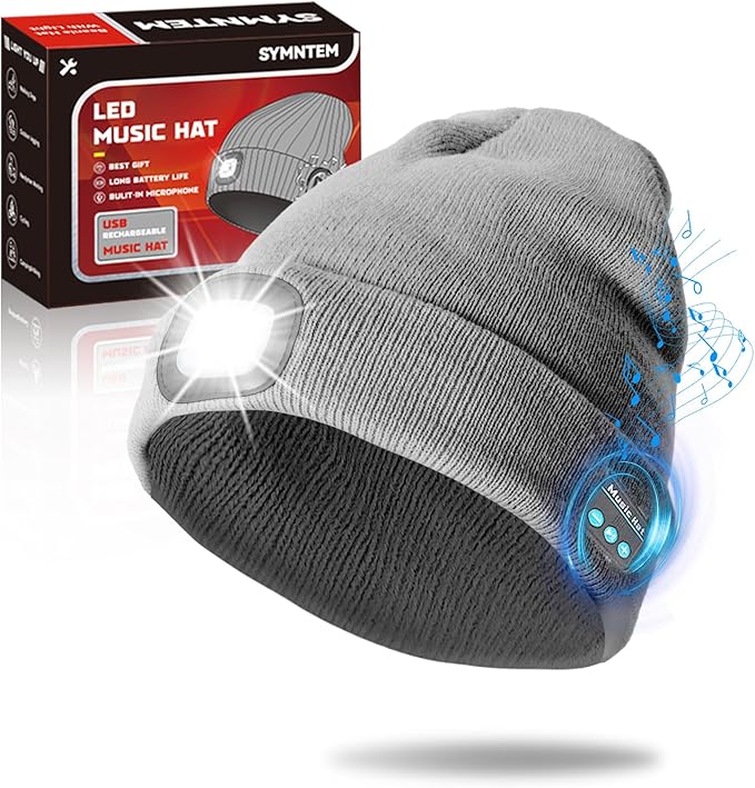 Gifts for Men, Rechargeable Bluetooth Music Unisex Beanie Hat with Light, Valentines Day Gifts for Him, Birthday Gifts for Men, Women, Grey