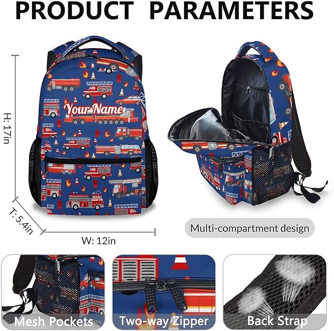 Custom Boys Backpack, 3 in 1 Fire Truck School Backpacks Matching Combo for Kindergarten Preschool, Personalized Name Durable Truck Bookbag and Pencil Case Bundle for Kids Toddlers