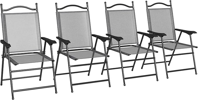 Outsunny Folding Patio Chairs, Set of 4 Sports Chairs for Adults, Camping Chairs with Armrests, Breathable Mesh Fabric Seat for Lawn, Gray