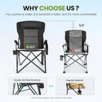 HIGH POINT SPORTS Oversized Folding Camping Chairs for Adults, High Backrest Heavy Duty Lawn Chairs Support 500 LBS Portable Collapsible Camp Chairs with Cup Holders,Side Pocket, 2 Pack, Black