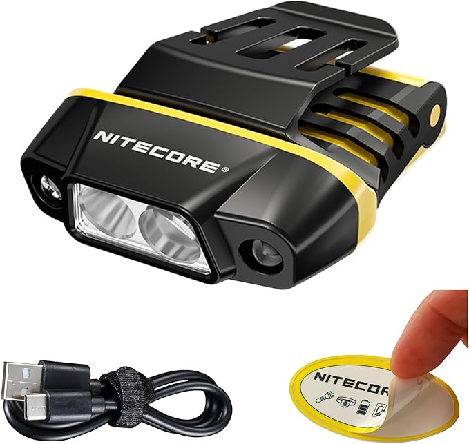Nitecore NU11 Clip-On Cap Light and Headlamp, 150 Lumen Bright, USB-C Rechargeable, 90 Degree Adjustable for Fishing Camping and Work with Hands-Free Motion Sensor, White and Red LEDs and Sticker