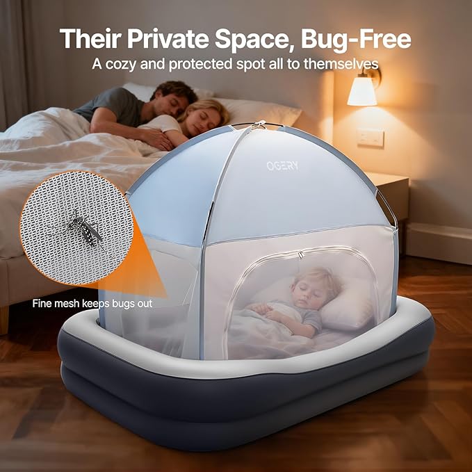 OGERY Inflatable Toddler Travel Bed with Cordless Rechargeable and Detachable Air Pump and Tent, Portable Kids Air Mattress with 4 Sides Safety Bumpers Ideal for Home, Grandma's, Camping, Traveling