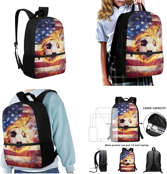 3 Set American Flag and Fire Football Print Backpack Set with Lunch Box and Large Capacity Pencil Case, Kids Book Bag Set for Boys, School Supplies Festival Gift