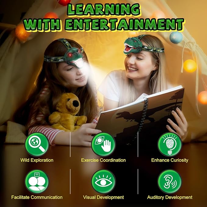 Dinosaur Headlamp for Kids Flashlight Rechargeable Led Dino Head Lamp Roar & Silent Mode, T-Rex Dinosaur Toys for Kids 3 4 5 6 7 8, Camping Gear, Easter Gifts for Boys Girls Adults