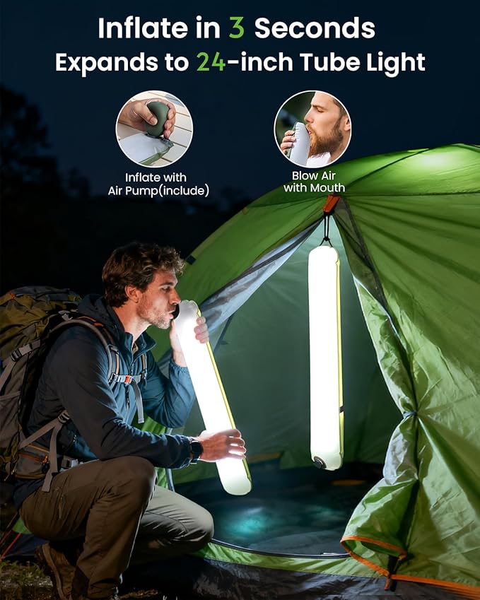 2 Pack Inflatable Solar Camping Lantern - USB-C Rechargeable LED Light Tube with 2000mAh Power Bank, IP66 Weather-Resistant Collapsible Tent Lamp for Power Outage, Hiking, Survival Kits(Green)