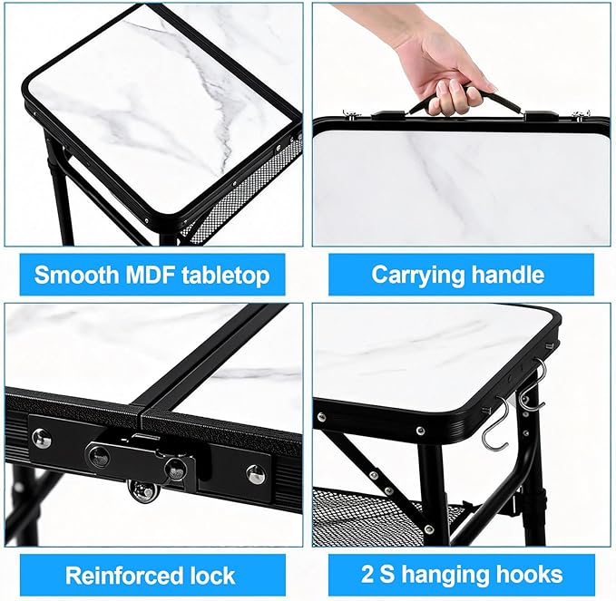 Small Folding Camping Table, 2ft Portable Table with 3 Adjustable Heights, Aluminum Lightweight Foldable Picnic Table with Mesh Layer and Extension Legs for RV, Camp and Indoor (Black Frame)