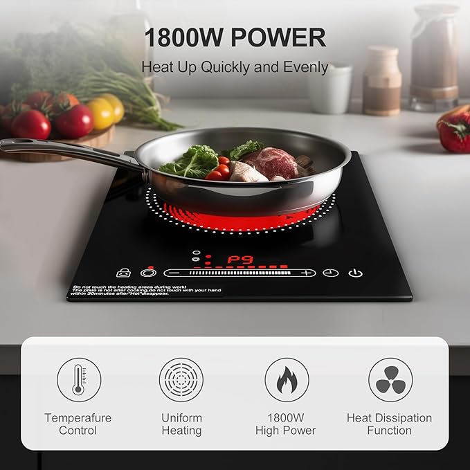 Single Burner Electric Cooktop, 110V1800W Electric Stove, LED Display with Touch Control, 11 Power Levels, Child Safety Lock and Timer, Overheat Protection.