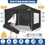 COBlZI 10x10 Pop Up Canopy Tent with 4 Removable Sidewalls, Waterproof Commercial Easy Adjustable Gazebo Tent with Air Vent, 4 Sandbags, 4 Stakes & 8 Ropes（Outdoor Tents for Parties/Exhibition,Black
