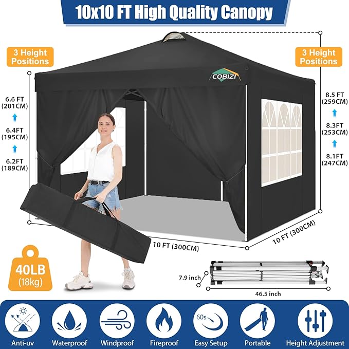 COBlZI 10x10 Pop Up Canopy Tent with 4 Removable Sidewalls, Waterproof Commercial Easy Adjustable Gazebo Tent with Air Vent, 4 Sandbags, 4 Stakes & 8 Ropes（Outdoor Tents for Parties/Exhibition,Black