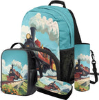 Train Backpack and Lunchbox Backpack for School Boys Lightweight Trendy Bookbag and Lunch Box Set for Boys 4pcs School Bags for Boys 10-12 Hiking Daypack Outdoor Travel