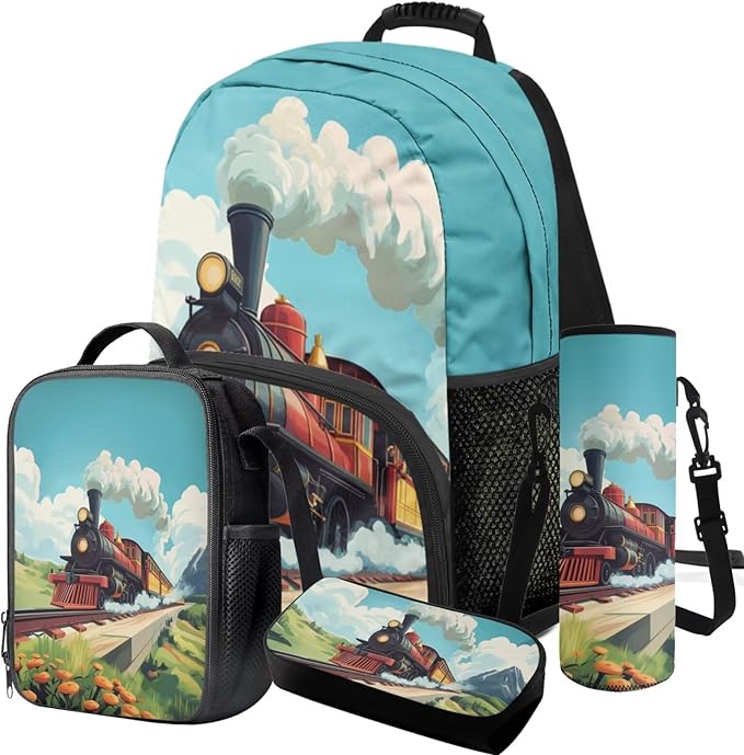 Train Backpack and Lunchbox Backpack for School Boys Lightweight Trendy Bookbag and Lunch Box Set for Boys 4pcs School Bags for Boys 10-12 Hiking Daypack Outdoor Travel