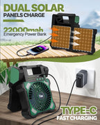 22000mAh Camping Solar Fan, Dual-Panel Rechargeable Solar Powered Fan with LED Light, 5 Adjustable Speeds Battery Powered Portable Fans, USB-C Fans for Travel Tent Home Camping Accessories