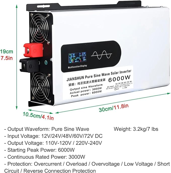 Inverters 6000W 12V/24V/48V/60V/72V DC to 110V/220V AC Voltage Converter for Home RV Truck Car Camping Solar, with Socket