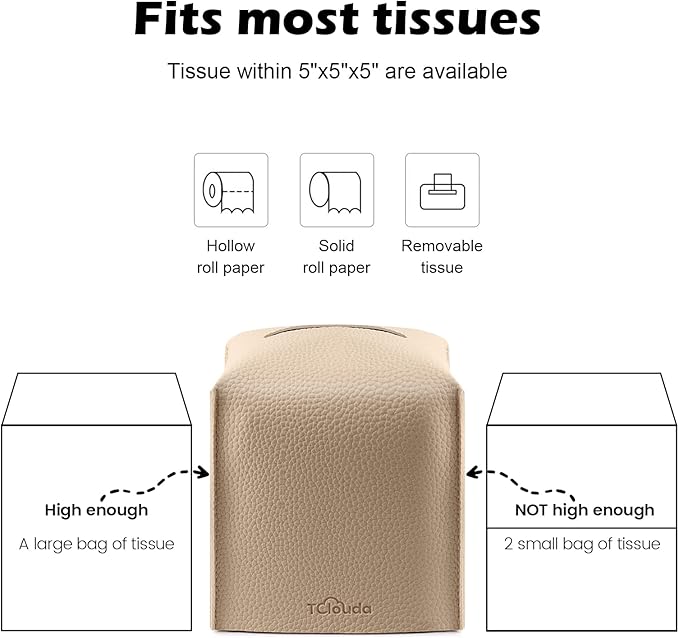 Tissue Box Cover, Tclouda, Modern PU Leather Square Tissue Box Holder for Creative Decorative, 2 Pack, Ideal for Bathrooms/Office/Car/Nightstand/Outdoor Tent/Dining Table, 5"X5"X5", Double Beige
