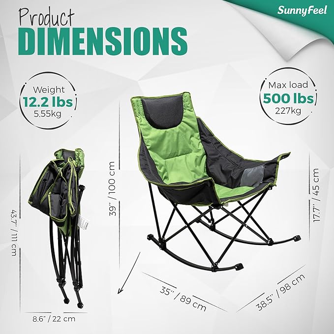 SUNNYFEEL Oversized Rocking Camping Chair 2 Pack, Fully Padded Patio Chair with Side Pocket, High Back Portable Lawn Recliner with Carry Bag, Outdoor Rocker Camp Chairs for Adults Heavy Duty 500 LBS