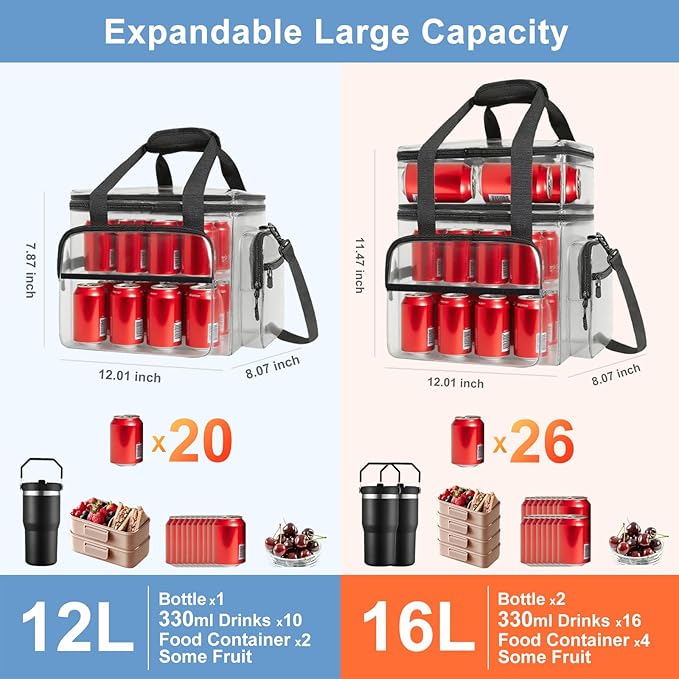 16 L Insulated Lunch Bag for Men Women, Double Deck Tactical Cooler Lunchbox with Leak Resistant Liner, Adjustable Shoulder Strap for Work, Picnic, Hiking, Camping, 12.01" x 8.07"11.47", Black