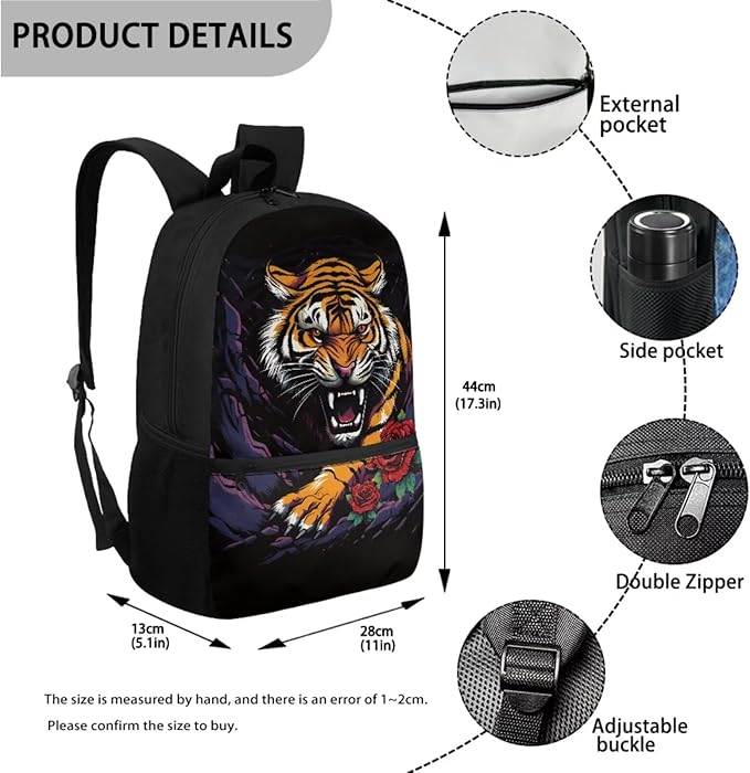 Tiger and Roses Printing 3 Pcs Boys Backpack Set, Matching Large Capacity Lunch Box and Dirt-resistant Pencil Case for Elementary School Students Travel Activities Outdoor