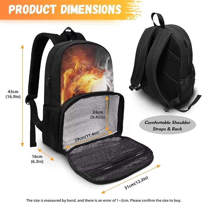Lunch Backpack for Women Men Work, 17 Inch Insulated Cooler Backpack with Lunch Compartment All In One Meal Bag, Boys School Daypack Bookbag for Travel Casual Office, Fire Flame Soccer