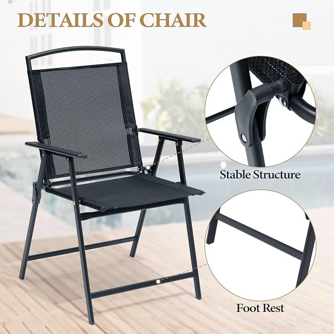 Crestlive Products Patio Folding Chairs Set of 2, Outdoor Folding Chairs with Durable Rust-Resistant Frame and Breathable Textilene Material for Outside, Black