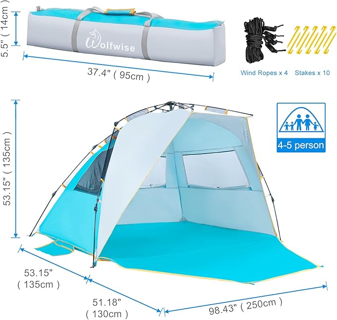 WolfWise 4-5 Person Beach Tent with UPF 50+ Sun Protection, Portable Ventilated Beach Shade Canopy with Extended Porch, Easy Setup & Windproof Design, Large, Blue