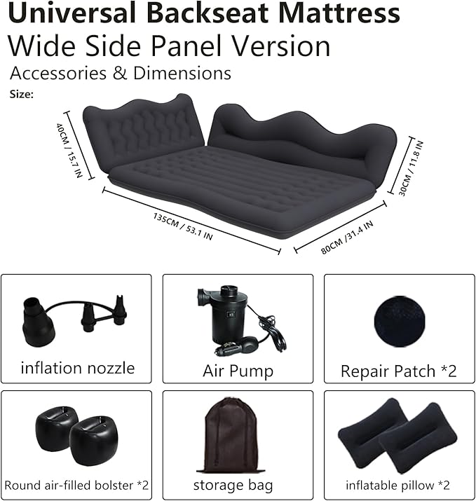 Car Air Mattress, Inflatable SUV Truck Camping Mattress for Back Seat, Thickened Travel Car Bed Sleeping Pad with 2 Round air-Filled Bolster,Air Pump and 2 Pillows (Black)