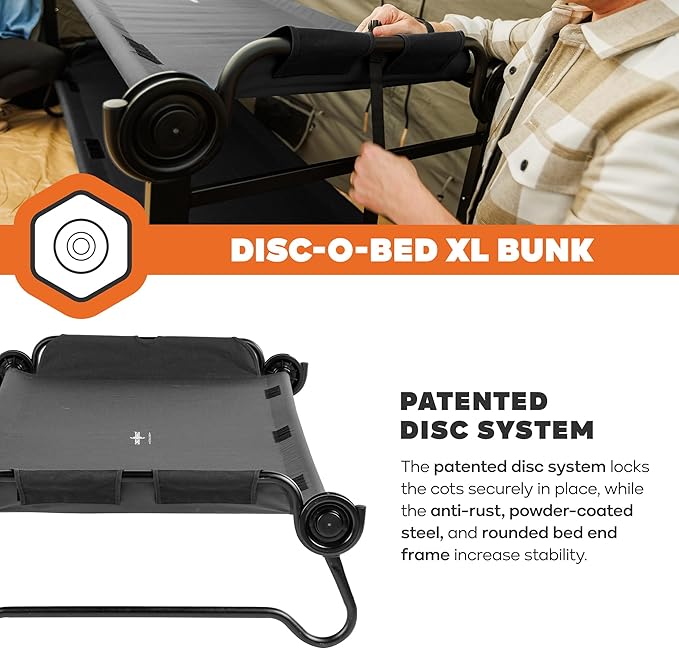 Disc-O-Bed Extra Large Portable Bunk Camping Cots with Carry Bags - Heavy-Duty Indoor or Outdoor Sleeping System, Converts to Bench or Separate Beds, 500 lb Weight Capacity Per Cot, Black