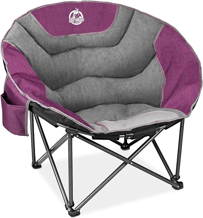Northroad XXL Camping Moon Chair,Oversized Round Chair,Folding Padded Saucer w/Side Pocket,500lbs Capacity for Outdoor Hiking Fishing Picnic Lawn,Purple&Grey