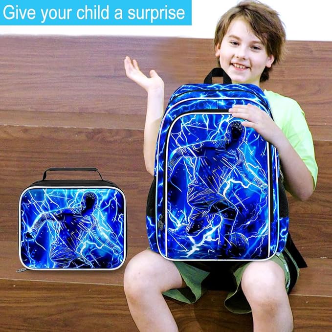 3Pcs Soccer Backpack for Boy, 17" Lightning Bookbag for Elementary Preschool Kindergarten, Kids School Thunder Backpacks with Lunch Box (Blue)