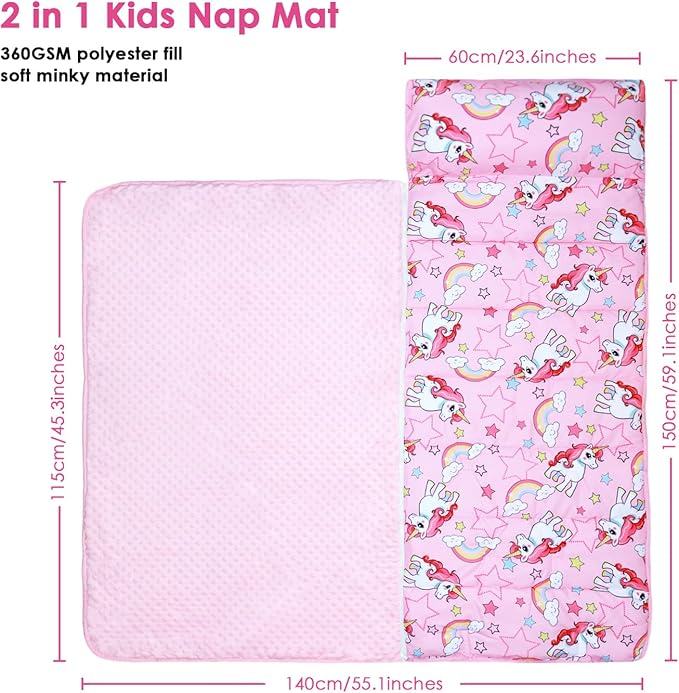 Kids Nap Mat Portable Slumber Bags with Removable Pillow and Blanket for Girls Boys, Lightweight Extra Large Sleeping Bag for Preschool Camping Daycare