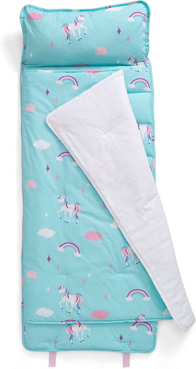 Delta Children Nap Mat - Includes Pillow & Blanket for Toddlers and Kids; Features Carry Handle w/Strap Closure and Name Tag; Rollup Design is Ideal for Preschool and Daycare; Personalization Optional