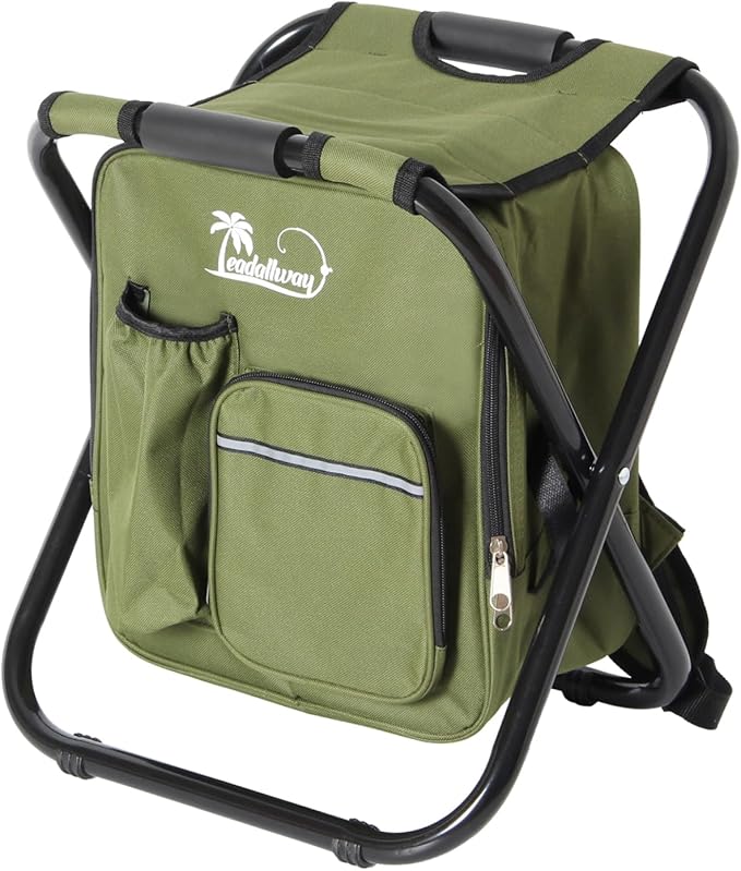 LEADALLWAY Fishing Chair with Cooler Bag Compact Fishing Stool Foldable Camping Chair