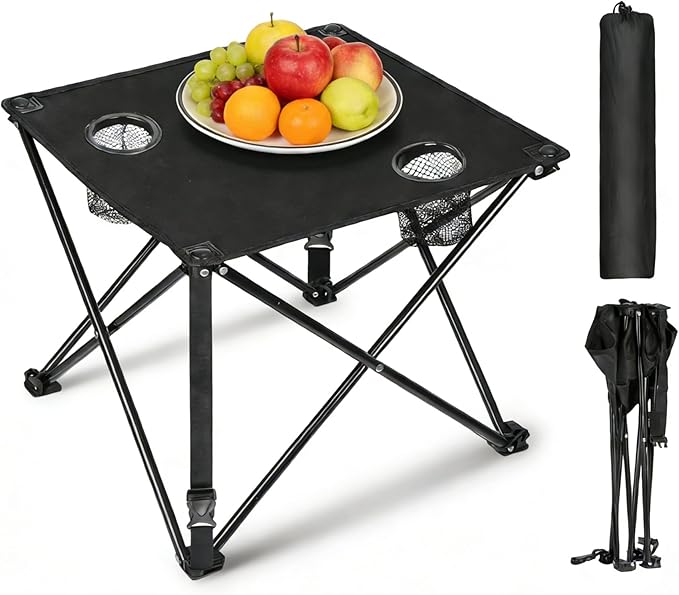 Folding Camping Table, Portable Pinic Table with 2 Cup Holders & Carry Bags, Rollup Camping Table Lightweight Beach Table for BBQ, Camping, Picnic and Indoor Use