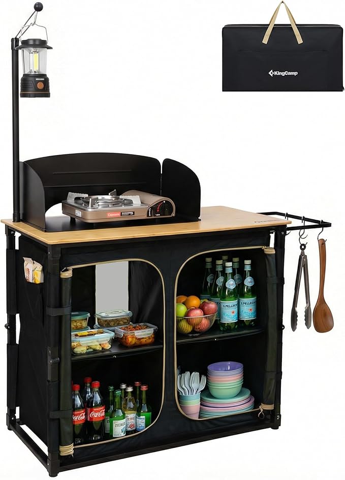 KingCamp Bamboo Camp Kitchen Station, Folding Overland Camping Kitchen Table Hooks Portable Outdoor Cooking with Adjustable Lantern Pole & Windshield Storage Organizer for Tailgating BBQ Picnic RV