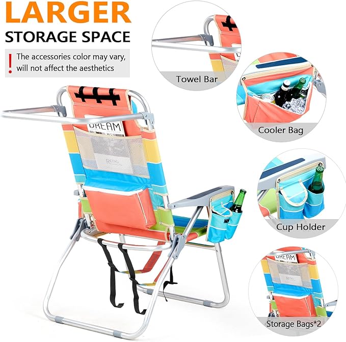 VINGLI Tall Beach Chair 2 Pack Lightweight, Backpack Beach Chair for Adults with 5-Position, Cooler Bag, Cup Holders, Towel Bar, Folding Beach Camping Chairs（16“-Rainbow）