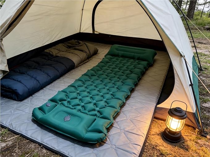 2026 Thicken Inflatable Camping Sleeping Pad with Pillow - Built-in Foot Pump Moisture-Proof Tent Mattress Bed(T2366Dark Blue)